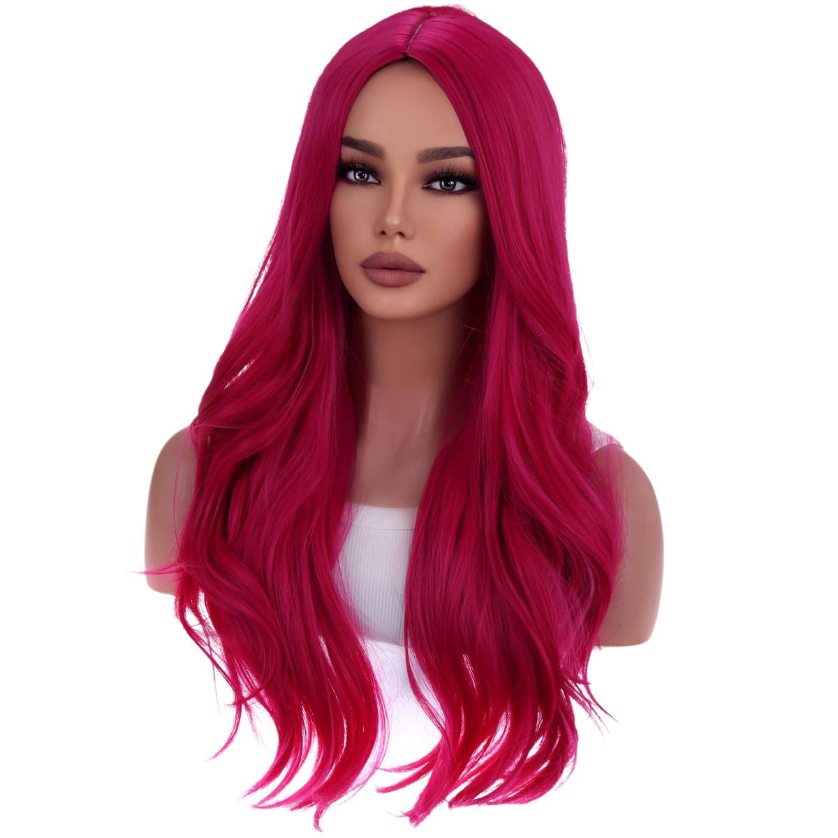 Wthcos Hot Pink Wig Long Curly Wavy Hair Wig For Women Girls Magenta Wig Middle Part Wig Heat Resistant Synthetic Hair Wigs For