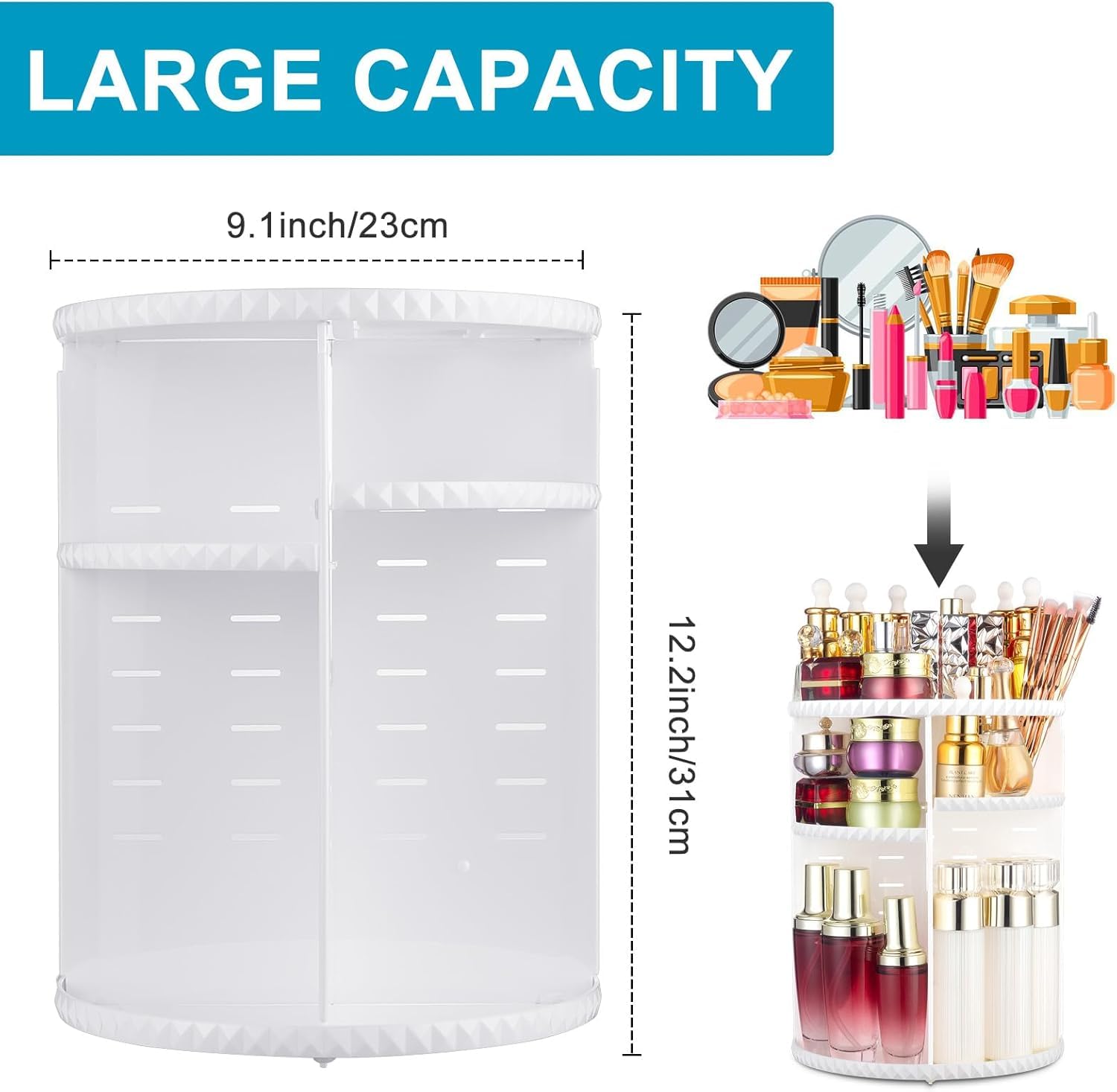 Sanipoe Rotating Makeup Organizer,Diy Adjustable Spinning Holder,Foldable Cosmetic Storage Display Box,Large Capacity Make Up Ca