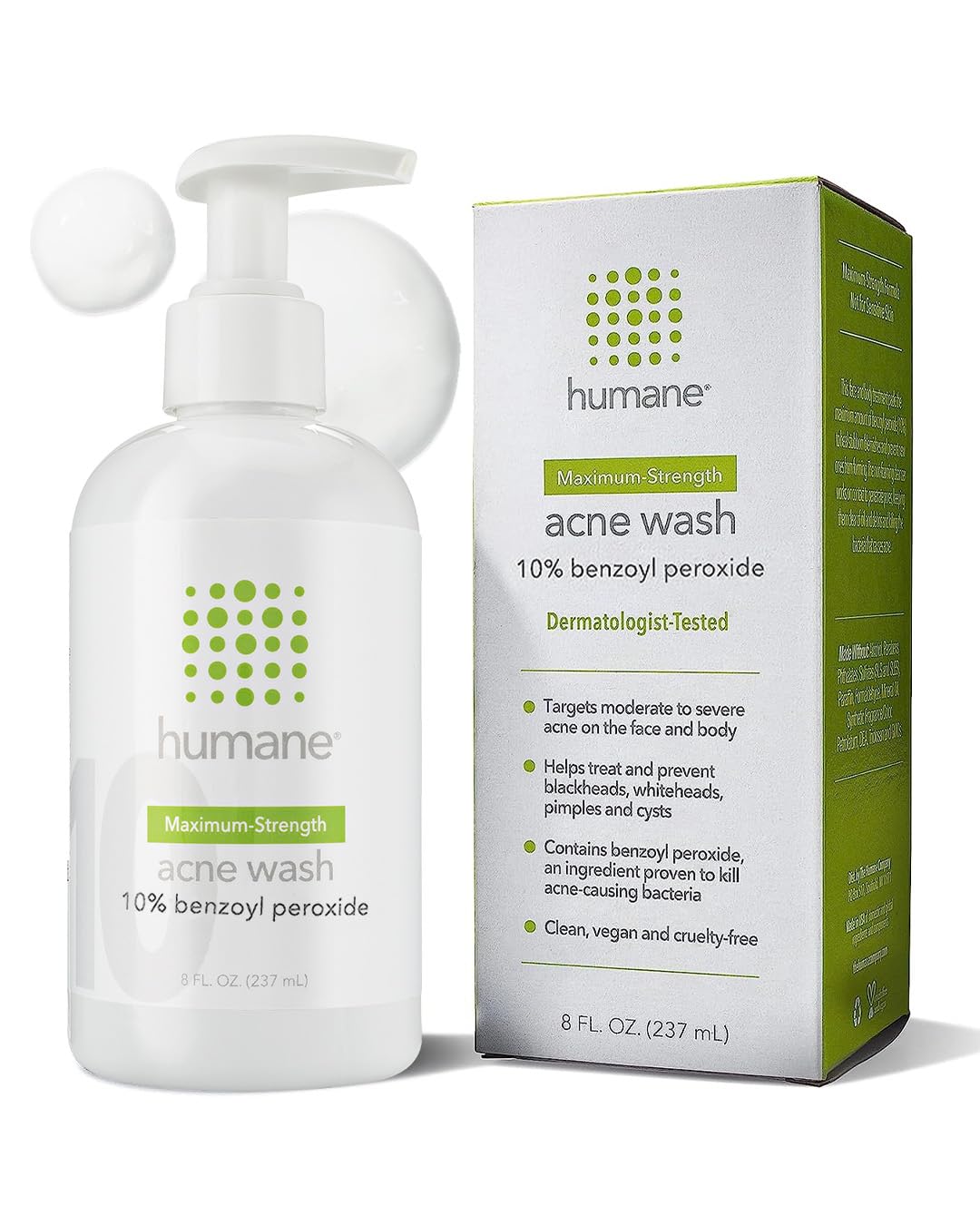 Humane Maximum-Strength Acne Wash - 10% Benzoyl Peroxide Acne Treatment For Face, Skin, Butt, Back And Body - 8 Fl Oz - Dermatol