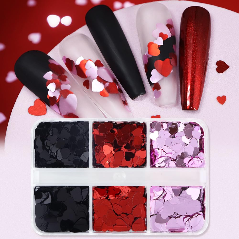 3D Heart Nail Art Glitter Sequins for Valentine, Red Black Mixed Holographic Sparkles Love Heart Shape Flakes Sticker Confetti G