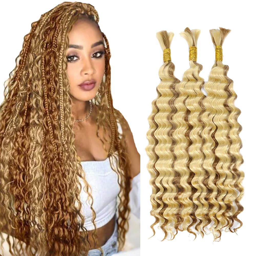 613 Human Braiding Hair For Boho Braids Honey Blonde Deep Wave Bulk Human Hair For Braiding No Weft 3 Braids Per Pack 27 Mixed W