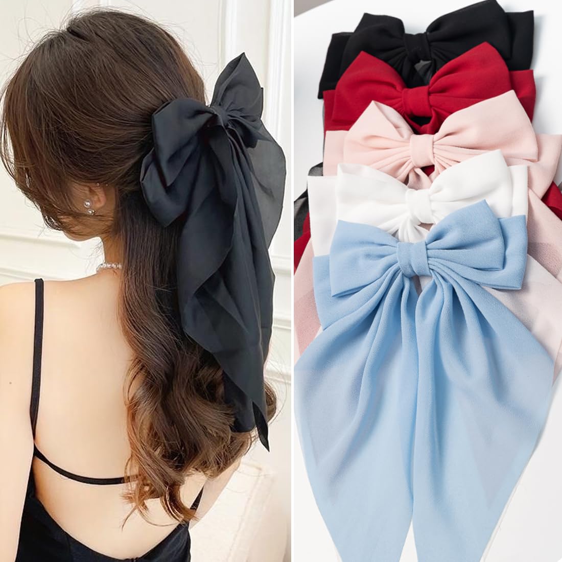 Hair Bows for Women & Girls: Big Bow Clips with Ribbons - Bow-Knot Clips for Thick & Thin Hair, Nonslip Claw Clips, 5 PCS