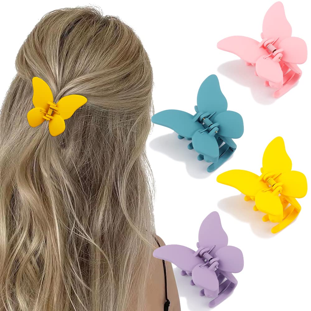 ATODEN Butterfly Hair Clips - 4 Pcs Cute Non-Slip Clamps with Strong Grip for Women and Girls, 2.6'' Matte Jaw Clips for Thin an