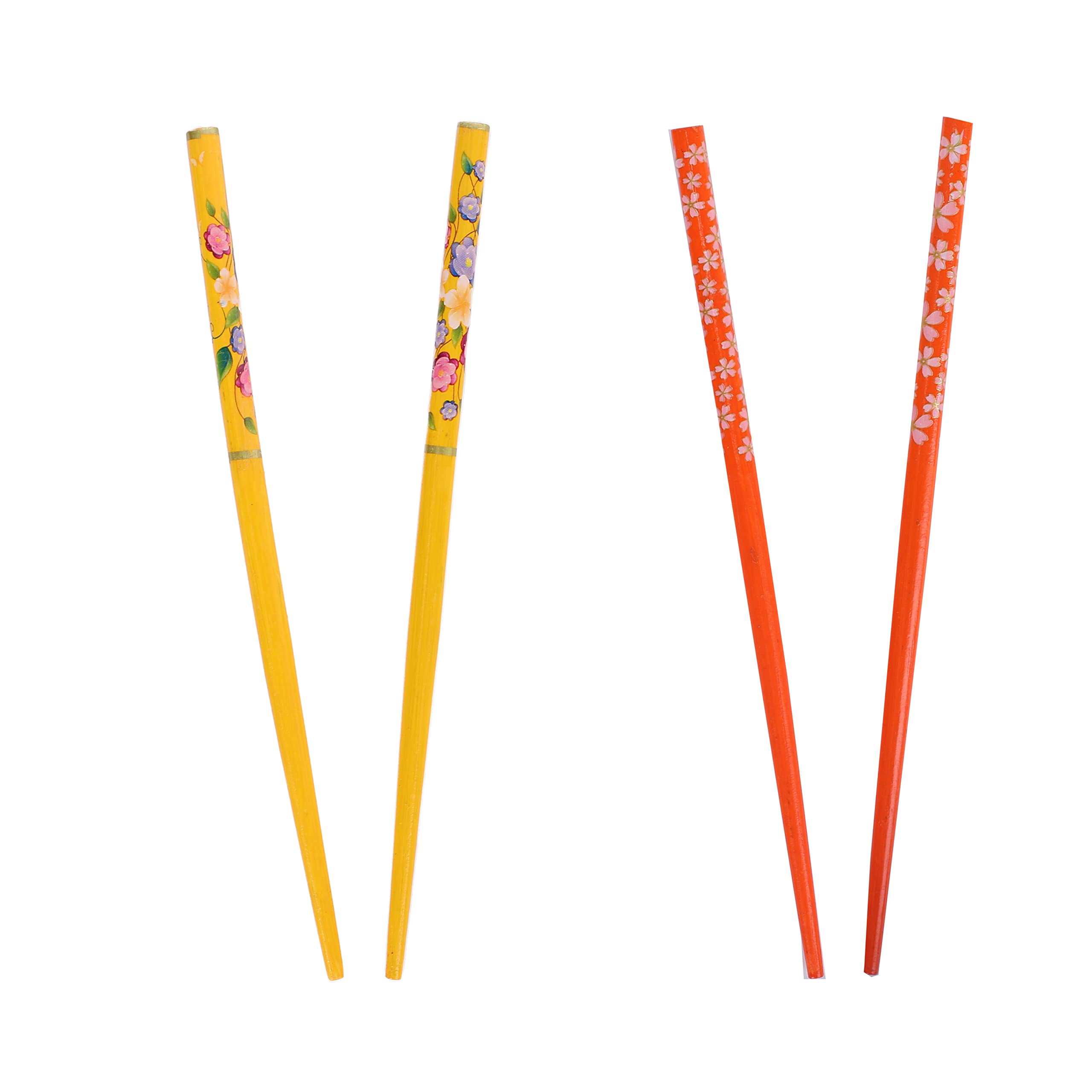2 Sets of Wooden Hair Chopsticks with Flowers  Yellow & Orange
