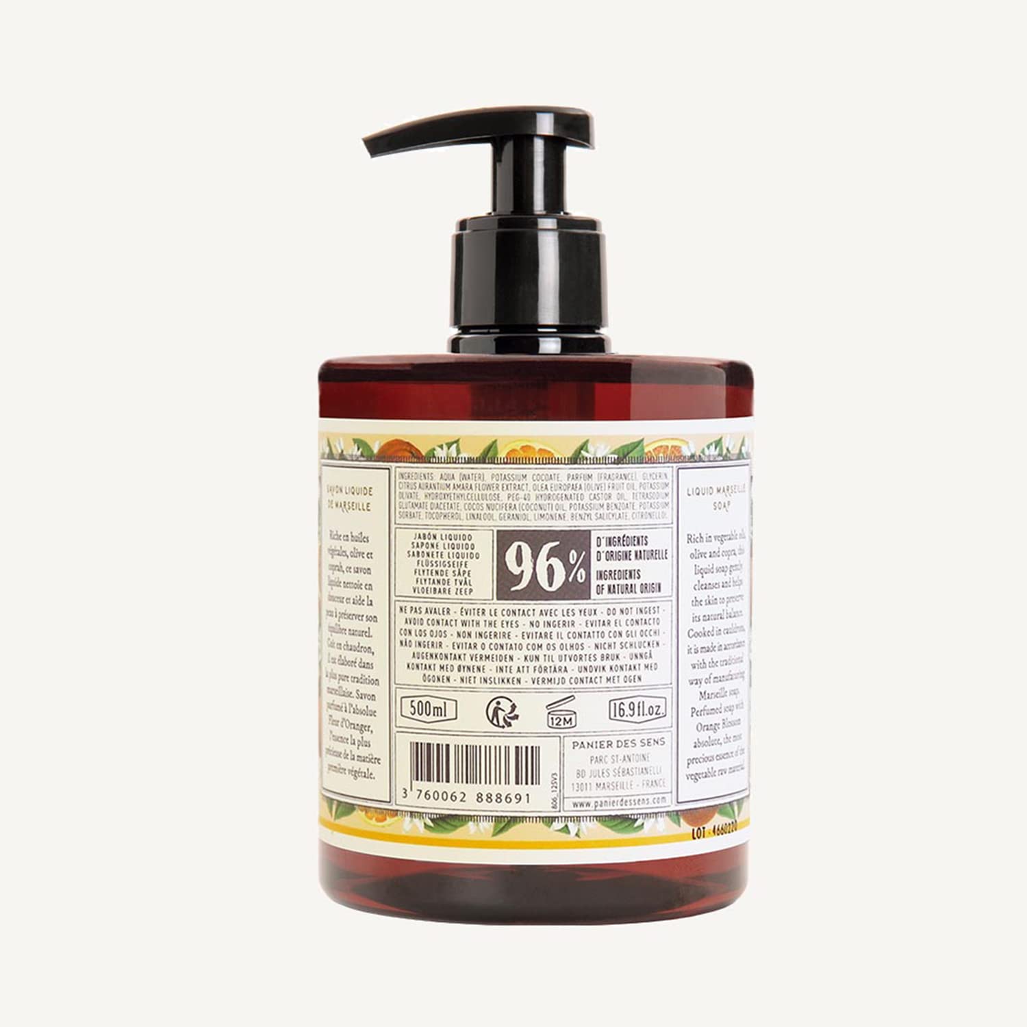 Panier des Sens Marseille Liquid Hand Soap - Orange Blossom, 16.9 Fl Oz, Moisturizing with Coconut Oil, 96% Natural Ingredients