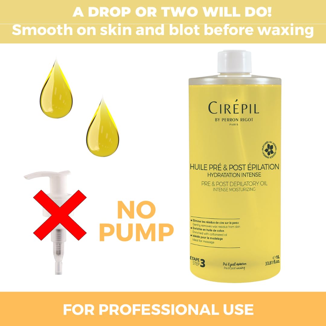 Cirepil - Pre & Post - Depilatory Oil - 1000 ml / 33.81 fl oz - Protects the Skin Before Waxing & Removes Wax Residue - Pre-Waxi
