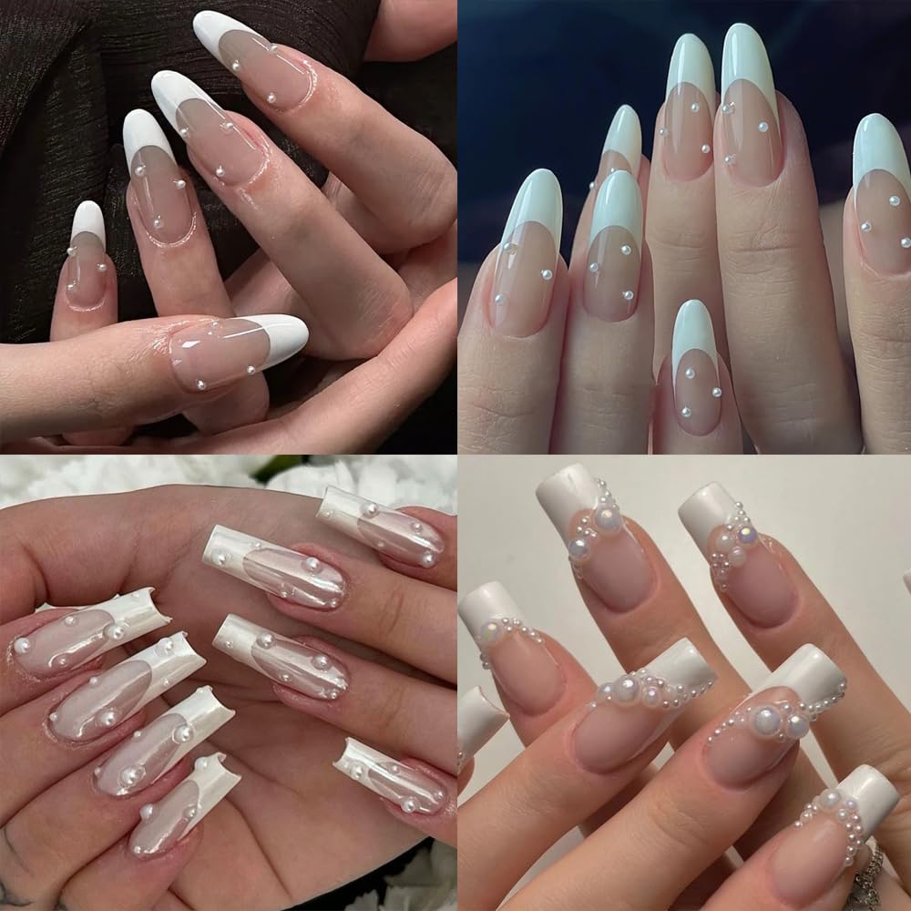 Multi Sizes Round And Half Round Pearls 3D Nail Charms, White Flatback Pearls Nail Jewelry For Women Girls Manicure Nails Suppli