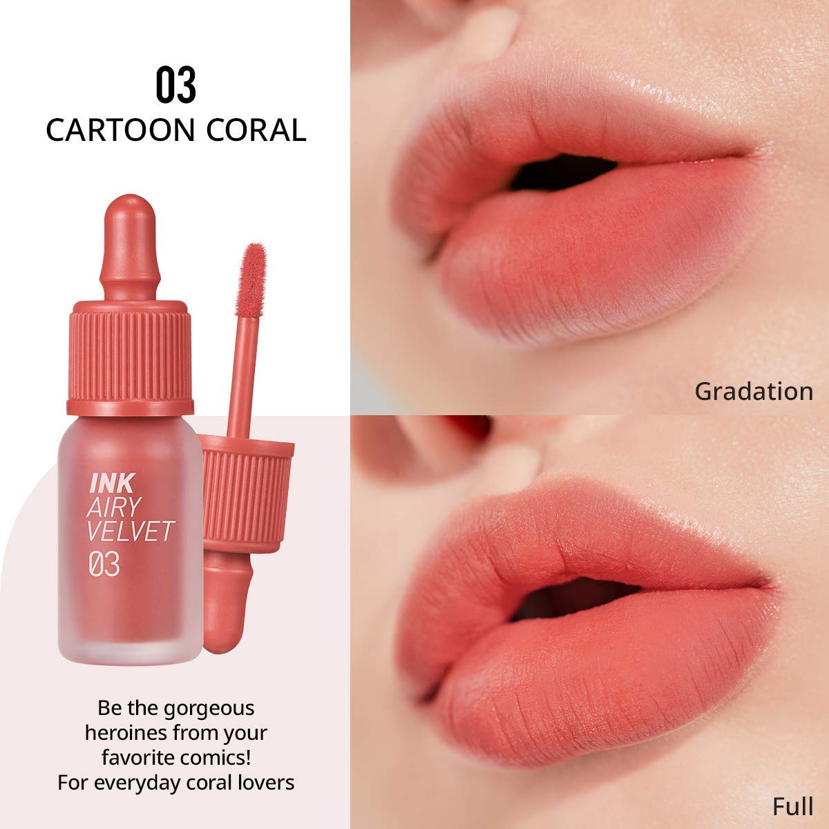 Peripera Ink Airy Velvet Lip Tint  High-Pigmentation, Lightweight, Soft, Moisturizing, Not Animal Tested  cartoon coral (03), 01