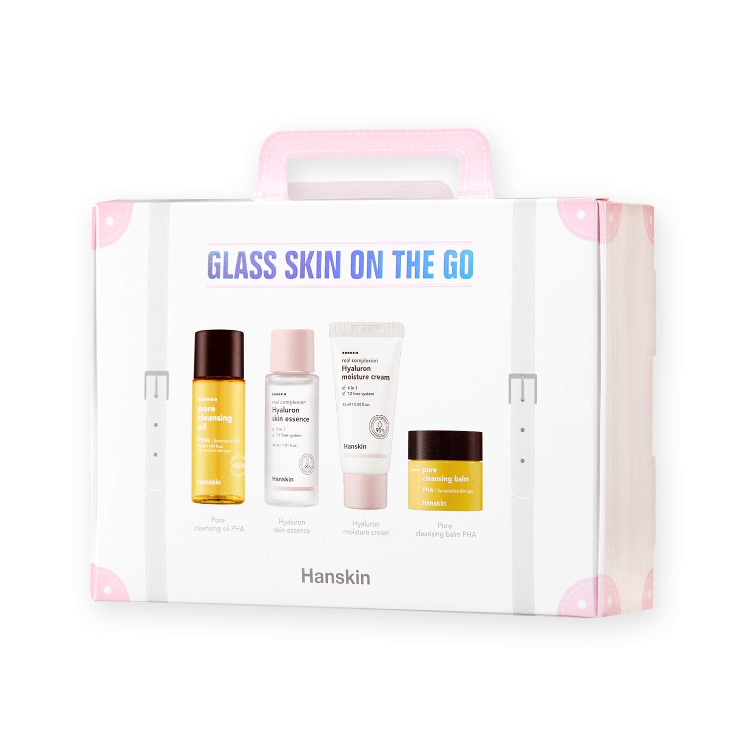 Hanskin Glass Skin On The Go Kit, Set Of 4, Moisturizing Travel Friendly Hydrating Skincare Set For Glowing Skin, Cleansers, Ski