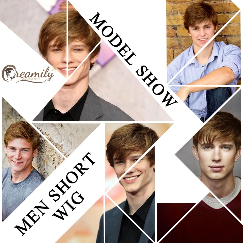 Creamily Short Brown Wig For Mens Wigs Short Hair Replacement Wig Men'S Synthetic Hair Wig Men Realistic Halloween Costumes Part