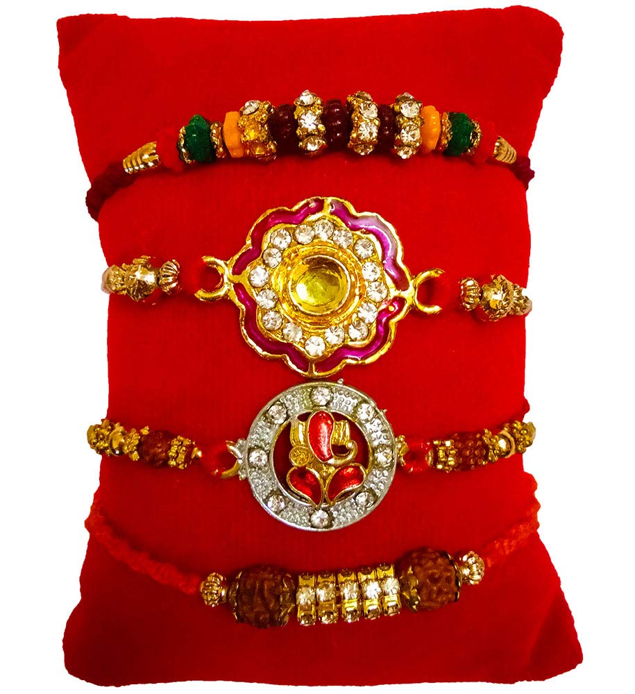 Avanti Creations Rudraksh Pearl Rakhi Bracelet For Boys Set Of 4 Different Pattern Rakhi With Kumkum Chawal
