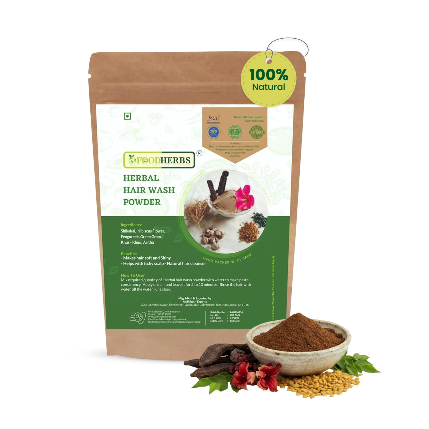 Foodherbs Herbal Hair Wash Powder | Blend of Shikakai, Hibiscus Flower, Fenugreek, Green Gram, Vetiver, Soap Nut | 200 g / 0.44 