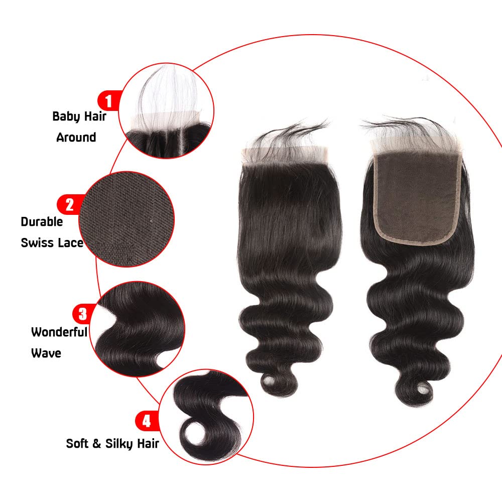 4X4 Closure Human Hair Brazilian Hair Short Transparent Lace Pre Plucked With Baby-Hair High Density Body Wave Bleached Knots Na