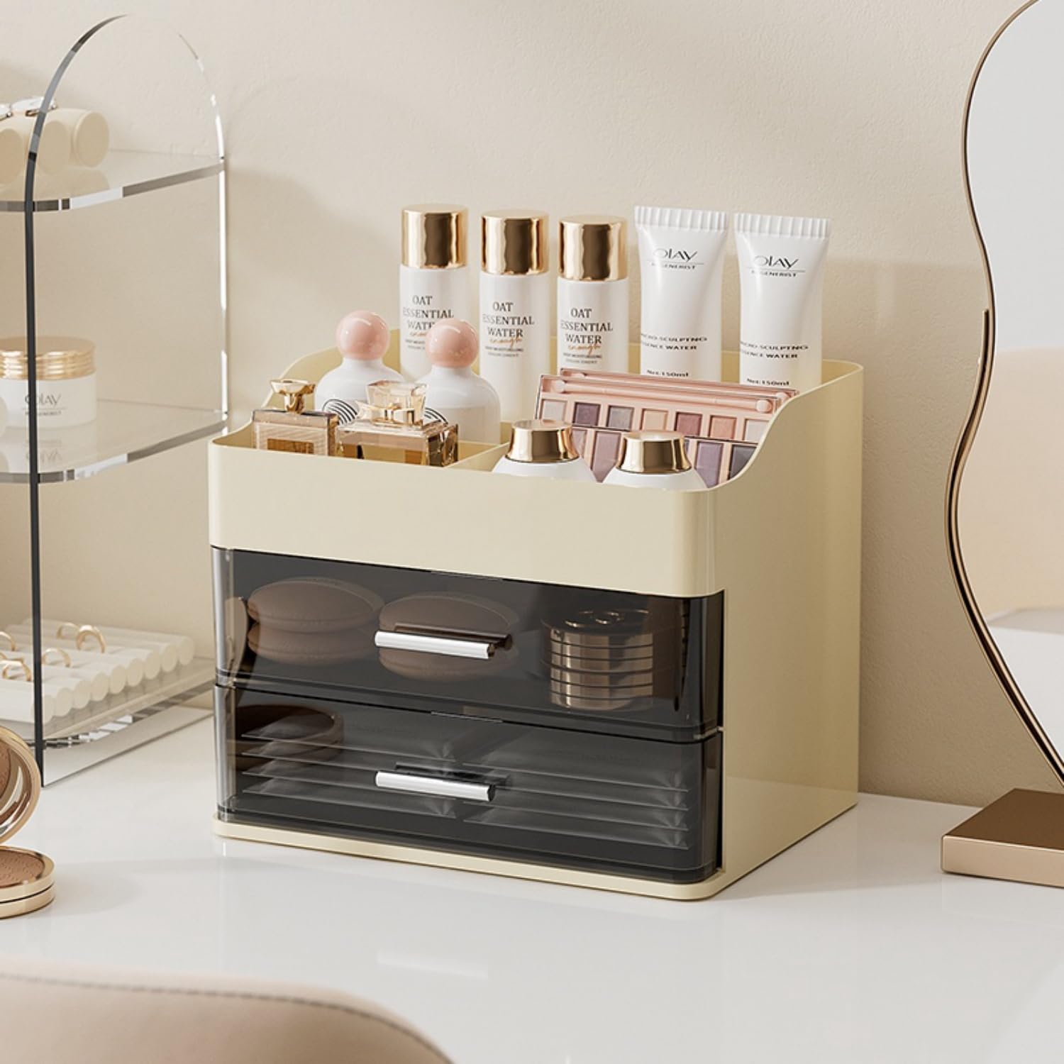Makeup Organizer for Vanity,Vanity Organizer with 2 Drawers,Makeup&skincare Organizers Countertop,Cosmetic Display Case,Vanity S
