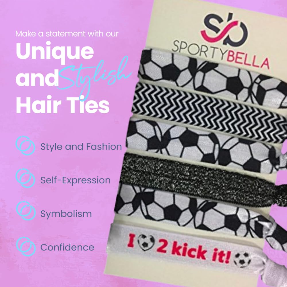 SportyBella Soccer Hair Accessories - No Crease Elastic Hair Ties, Ideal Gift for Girls Soccer Players (6pcs)