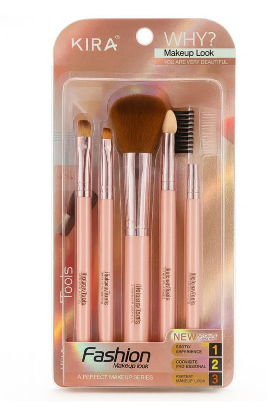 Kira 5Pcs Makeup Brush Set - Cosmetic Brushes For Eyeshadow, Powder & Brows Multicolour Handle Bm109-03 (Pink)