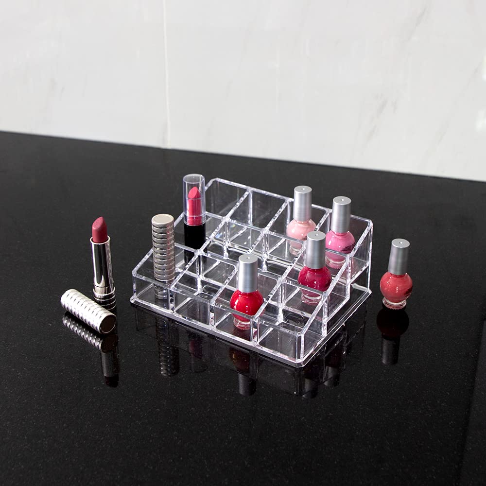 Isaac Jacobs Clear Acrylic 12 Compartment Nail Polish Holder, Organizer for Makeup, Essential Oils, Storage Solution, Rack Displ