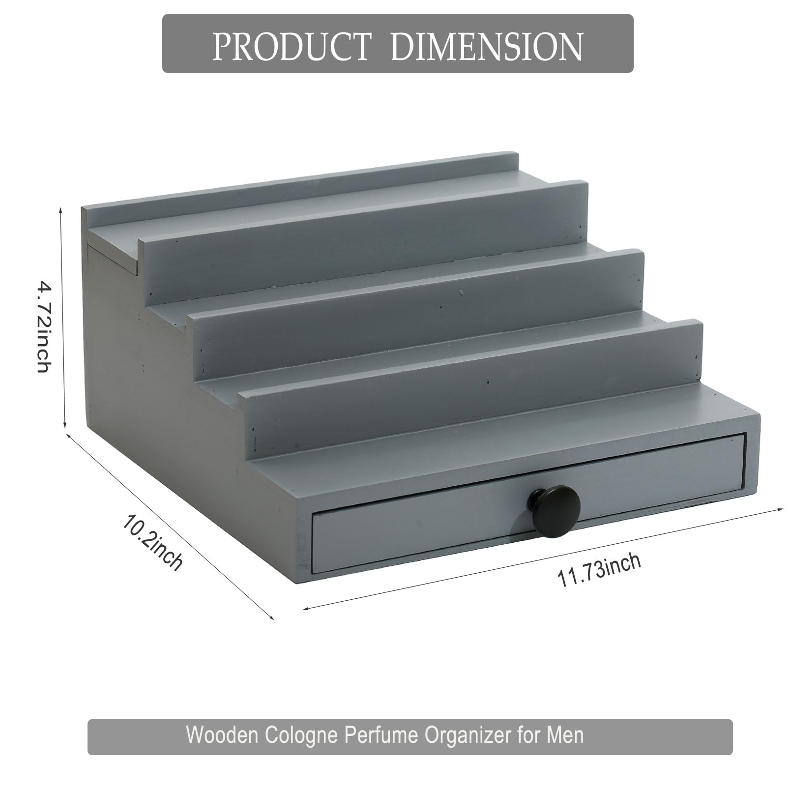 Fengligoo Cologne Organizer for Men - 4 Tier Wooden Grey Cologne Display Stand with Drawer and Hidden Compartment, Mens Cologne
