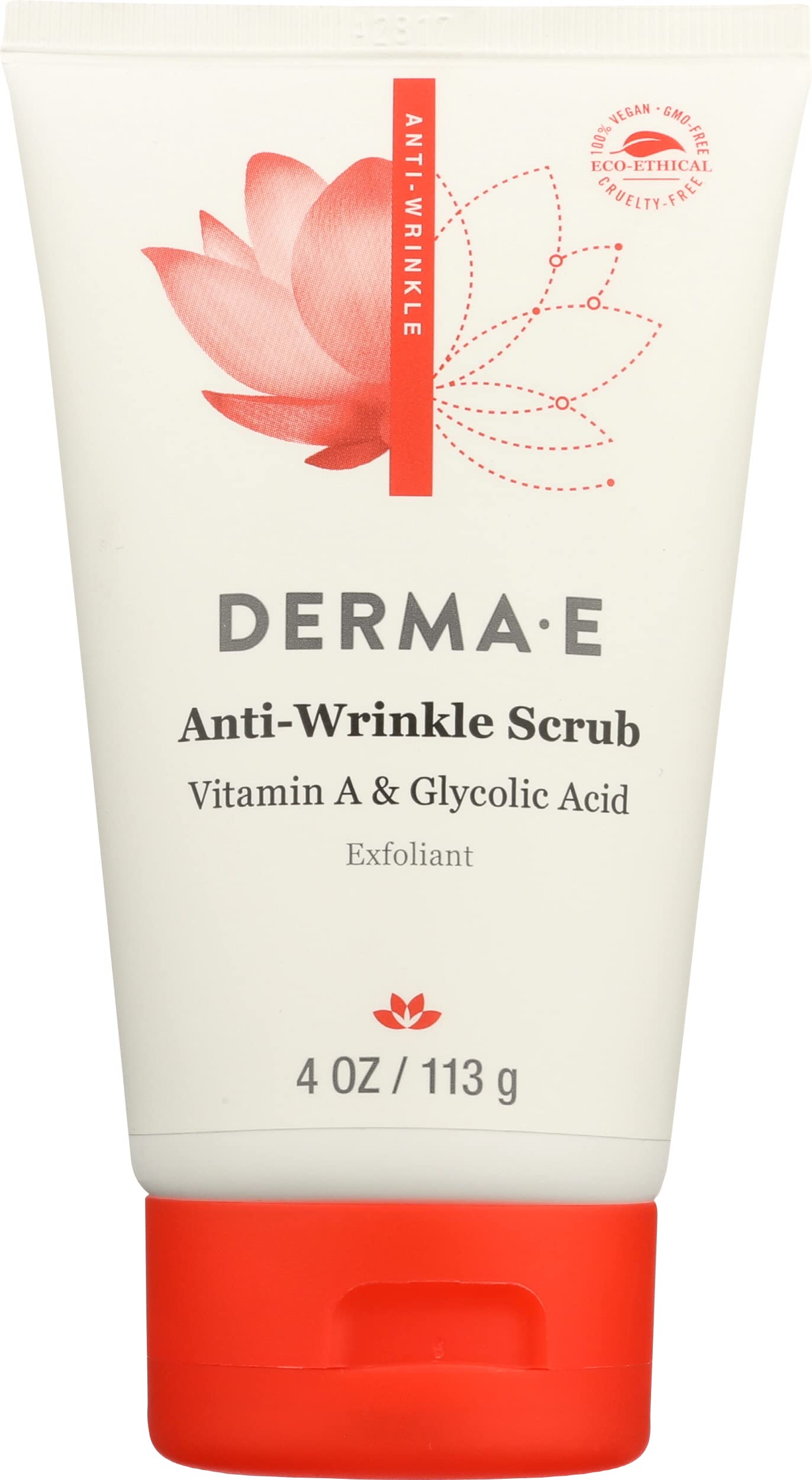 DermaE AntiWrinkle Scrub, Vitamin A and Glycolic Acid, for All Skin Types, Non GMO, Vegan, 4 Ounces (Pack of 1)