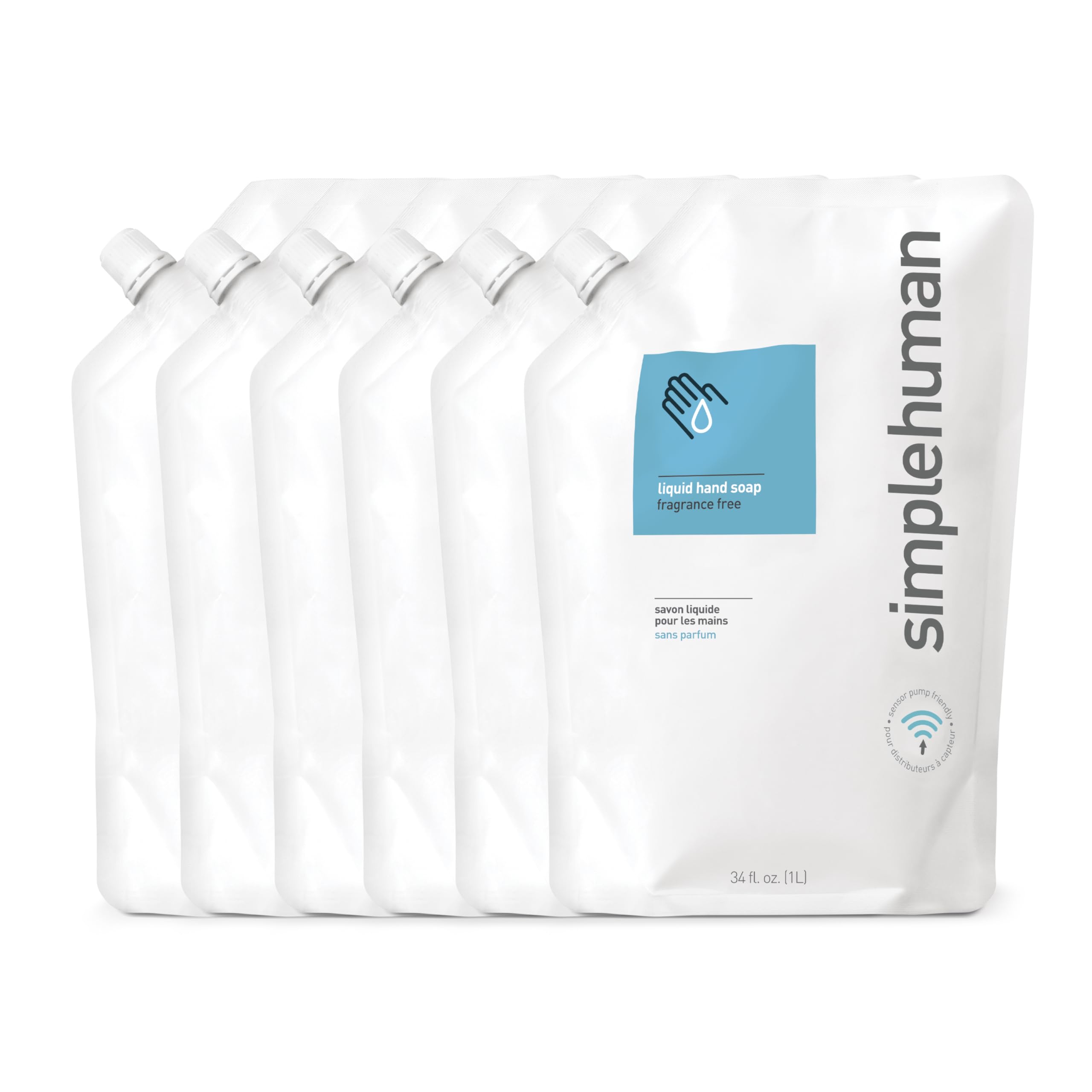 simplehuman Fragrance Free Moisturizing Liquid Hand Soap Refill Pouch, 34 Fl. Oz, Pack of 6
