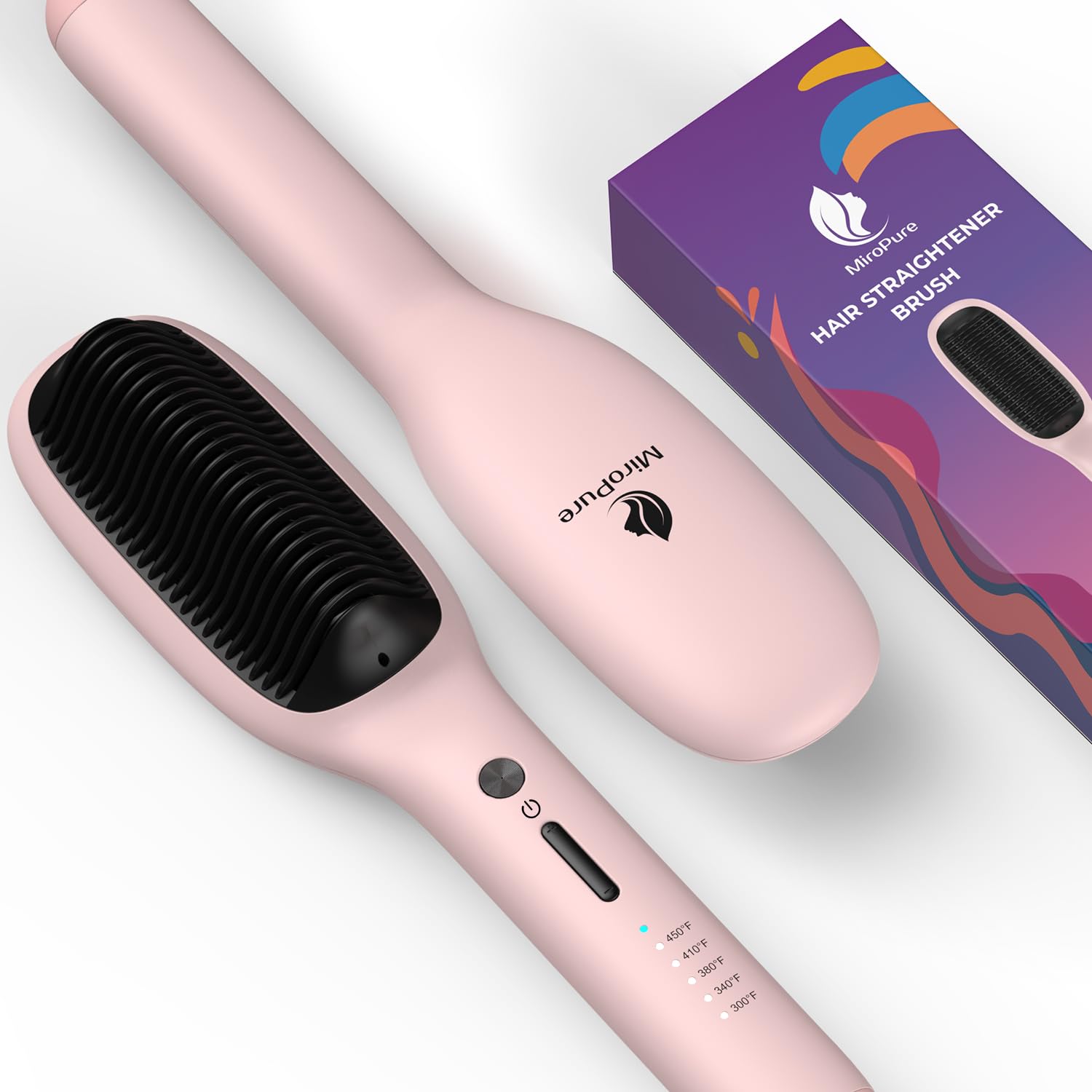 MiroPure Hair Straightener Brush, 10.3 inches x 2.3 inches, Pink, Ceramic, Hair Straightening Comb with 5 Heat Settings, 30s Fas