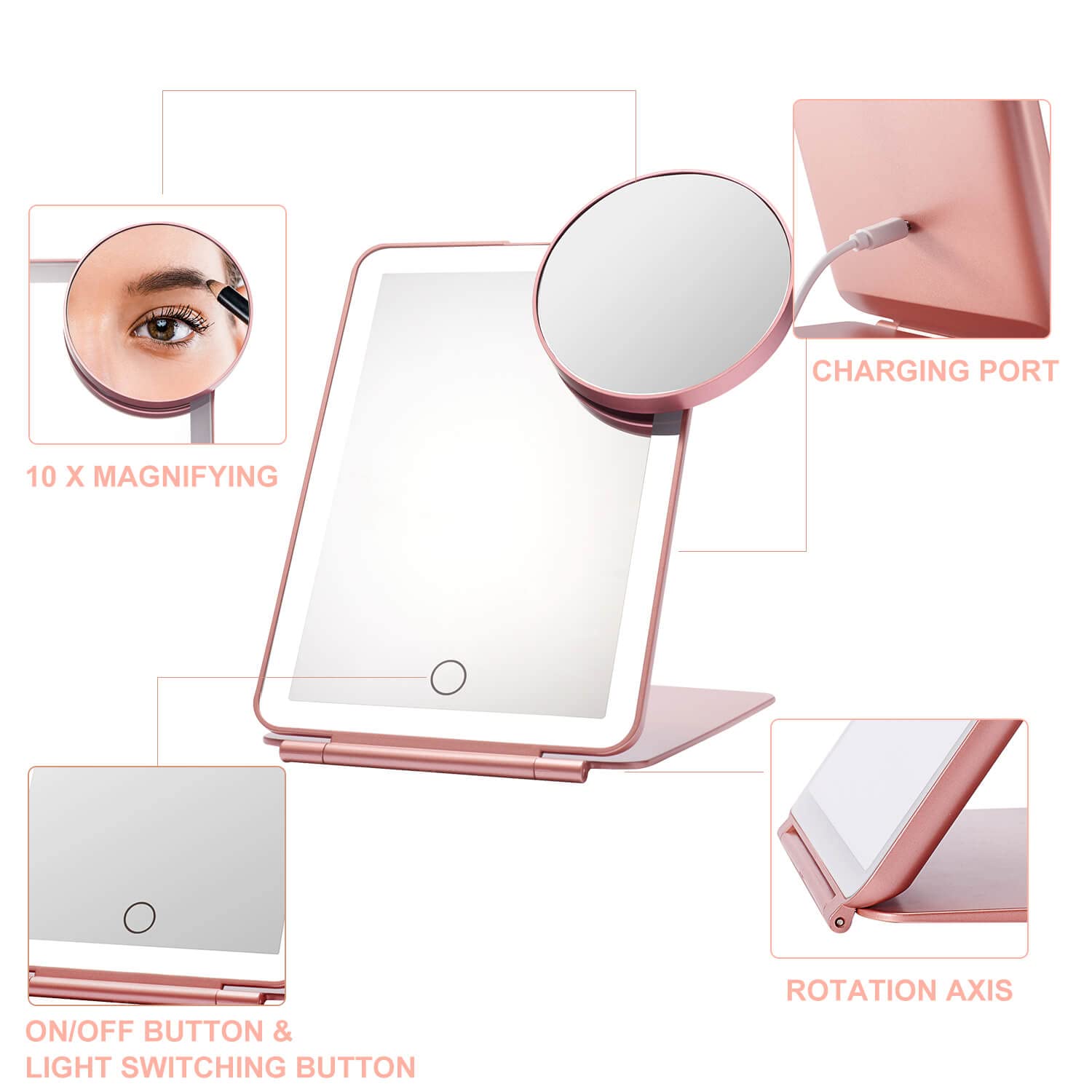 LED Foldable Travel Makeup Mirror - 5x7 inches 3 Colors Light Modes USB Rechargeable Touch Screen, Portable Tabletop Cosmetic fo