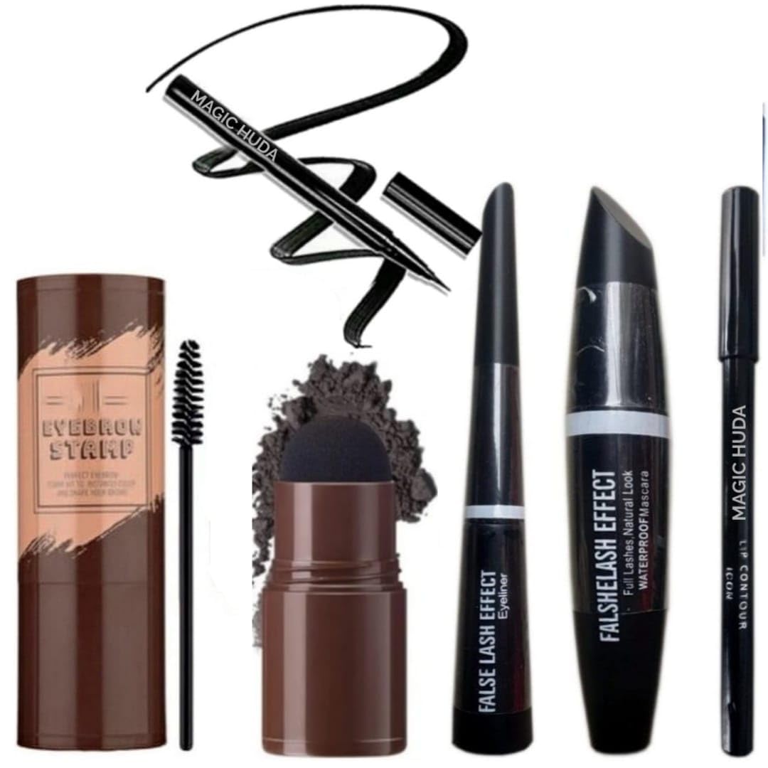 Magic Huda Waterproof Eyeliner, Mascara & Eyebrow Pencil Sketch Pen Eyeliner With Eyebrow & Hair Line Stamp Powder (Black) Pack 