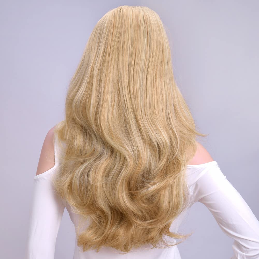 24 Inch Blond Wavy 3/4 Half Wig Long lightest Synthetic Hair Extensions Capless Wigs Hair Clips Extension For Women 210g(24 #3)