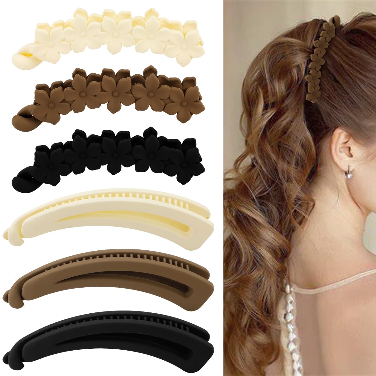 Hapdoo 6PCS Flower Hollowed-out Banana Hair Clips for Medium Hair, Matte Strong Hold Ponytail Bun Holder, Hair Jaw Clips Barrett