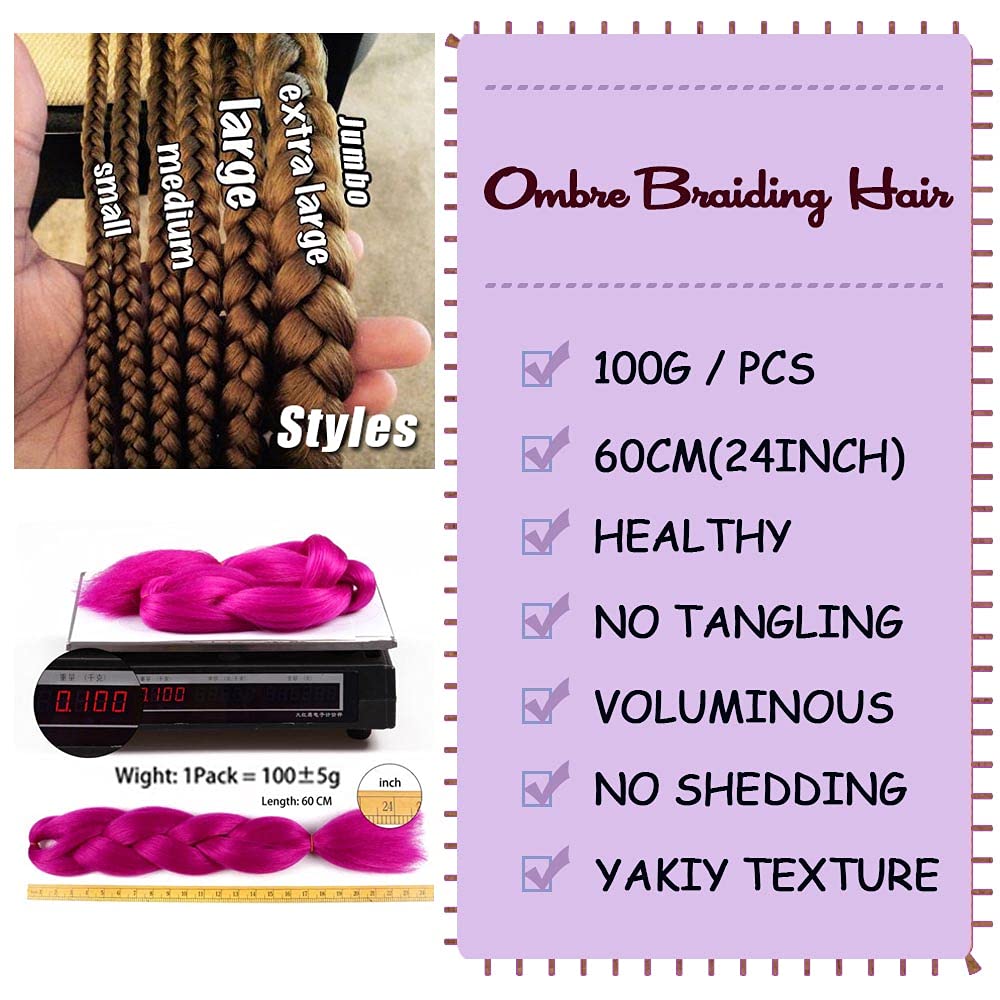 AIDUSA Ombre Braiding Hair Puprle Braiding Hair Extensions 5pcs Synthetic 24 Inch 3 Tone Jumbo Braiding Hair Black to Purple Cro