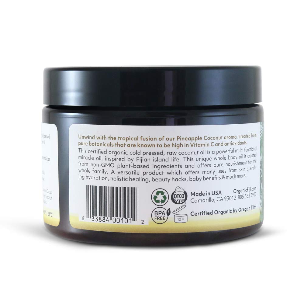 Organic Fiji Raw Cold Pressed Coconut Oil For Hair, Skin, Face & Body | Relaxing Massage Oil | Pineapple Coconut,12 Oz For Women