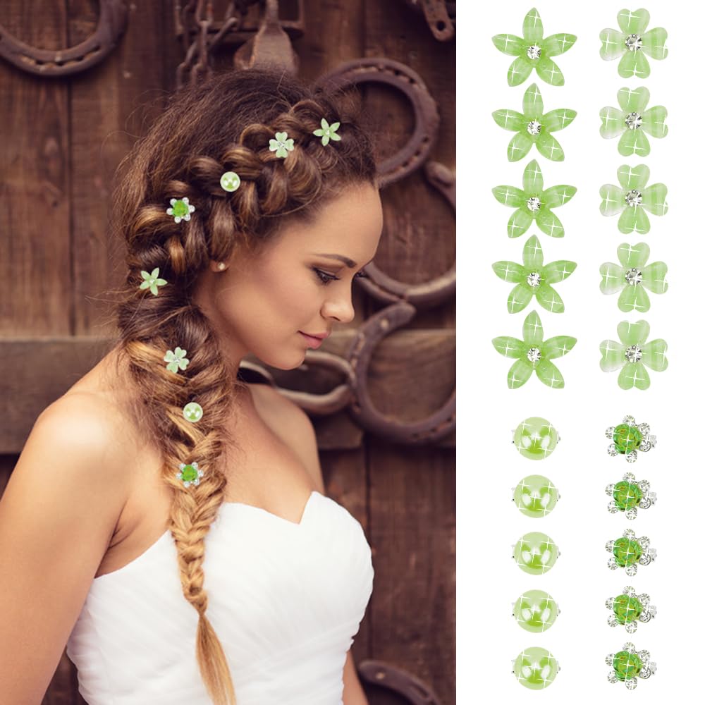 Ahoney 20Pcs Mini Clips For Hair Green Flower Hair Clips With Rhinestone Cute Hair Pins Decorations Hair Clips For Hair Barrette