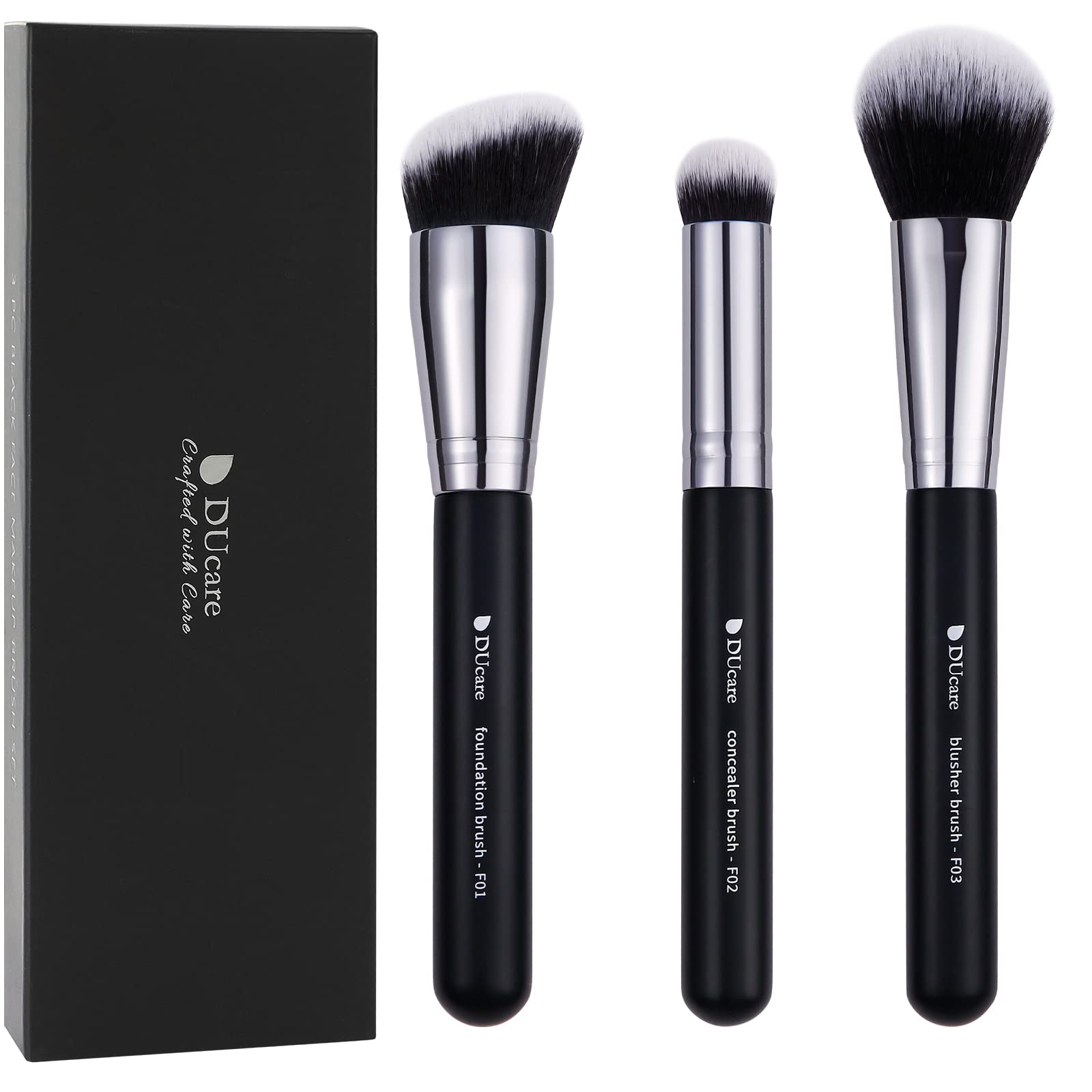 Ducare Makeup Kabuki Brushes 3Pcs Foundation Contour Brush Concealer Brush Under Eye Blusher Brush Face Blush Bronzer Travel Buf