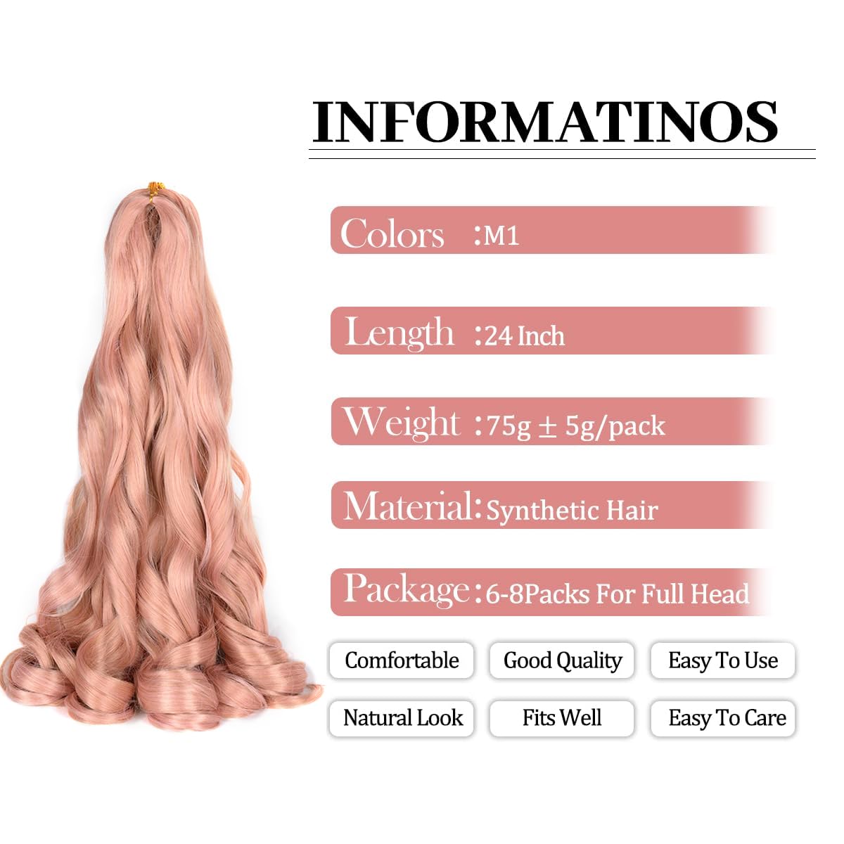 French Curly Braiding Hair,Loose Wave Braiding Hair 8 Packs 24 Inch 75G/Pack Pink Crochet Braids Hair Spanish Curly Synthetic Sp