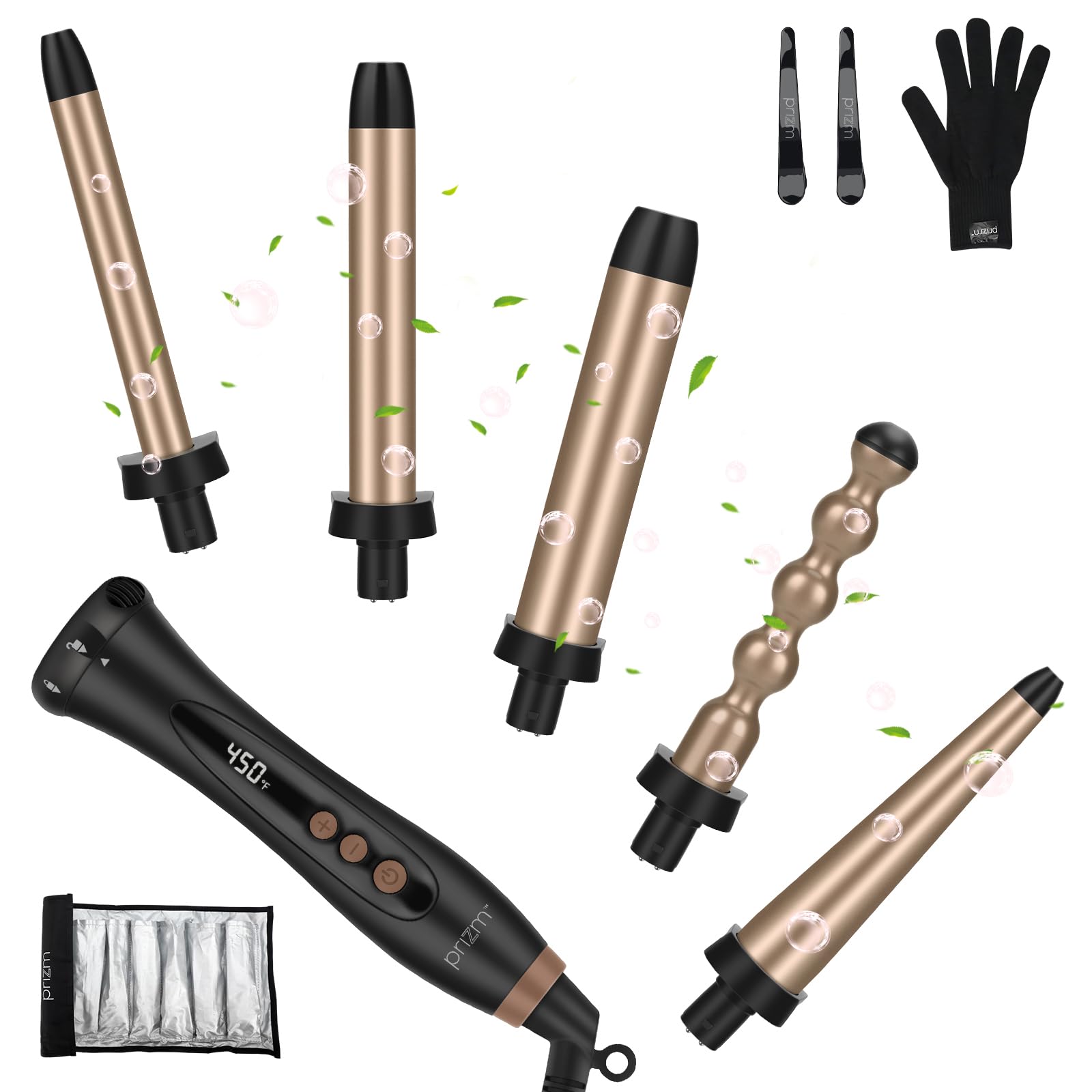 Prizm 5 in 1 Interchange Curling Iron Wand Set, LED Display,11 Temp Settings, 0.6 to 1.25 Inch Tourmaline Ceramic Clampless Barr