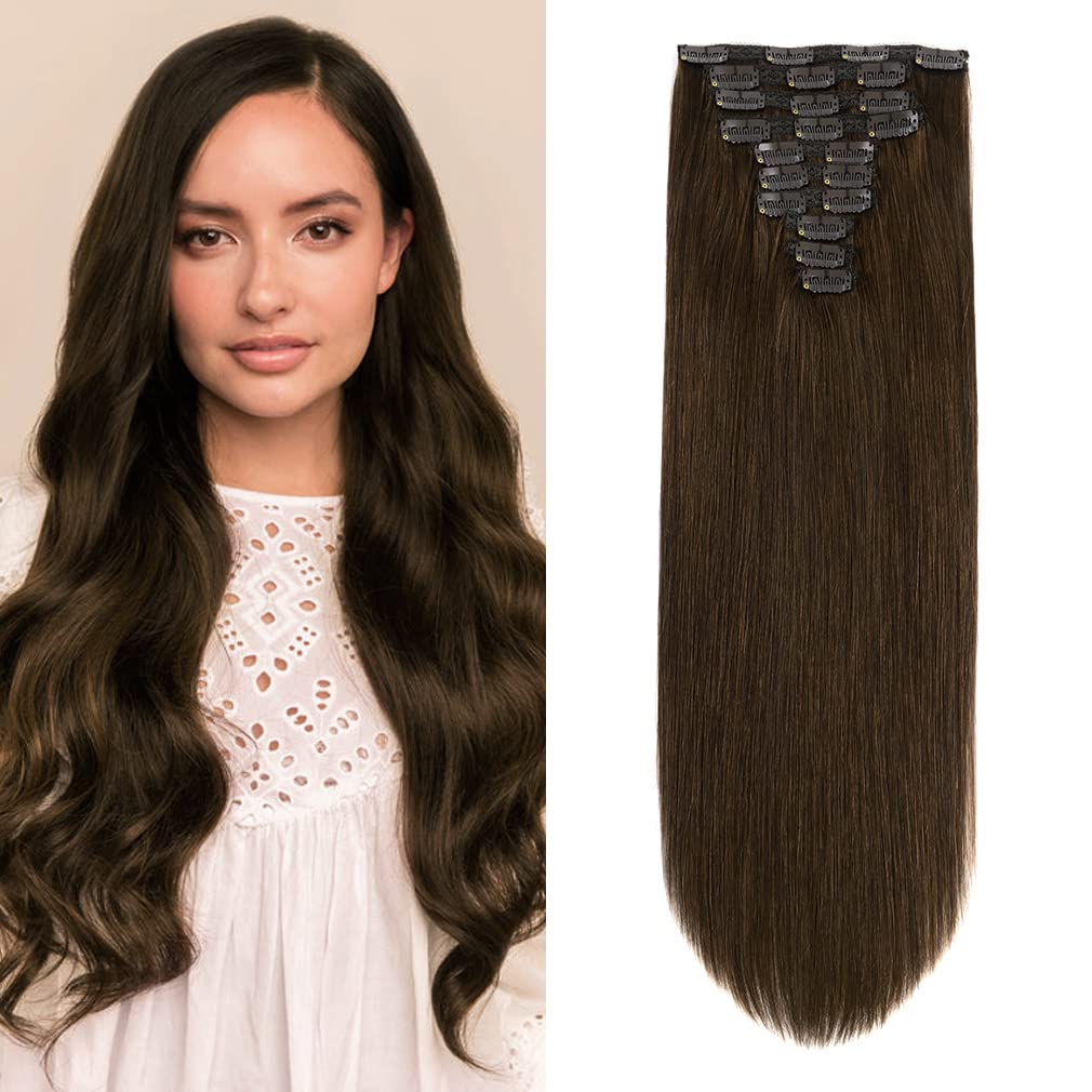 22'' Clip in Human Hair Extensions Full Head 200g 10 Pieces 22 Clips Chocolate Brown Double Weft Brazilian Real Remy Hair Extens