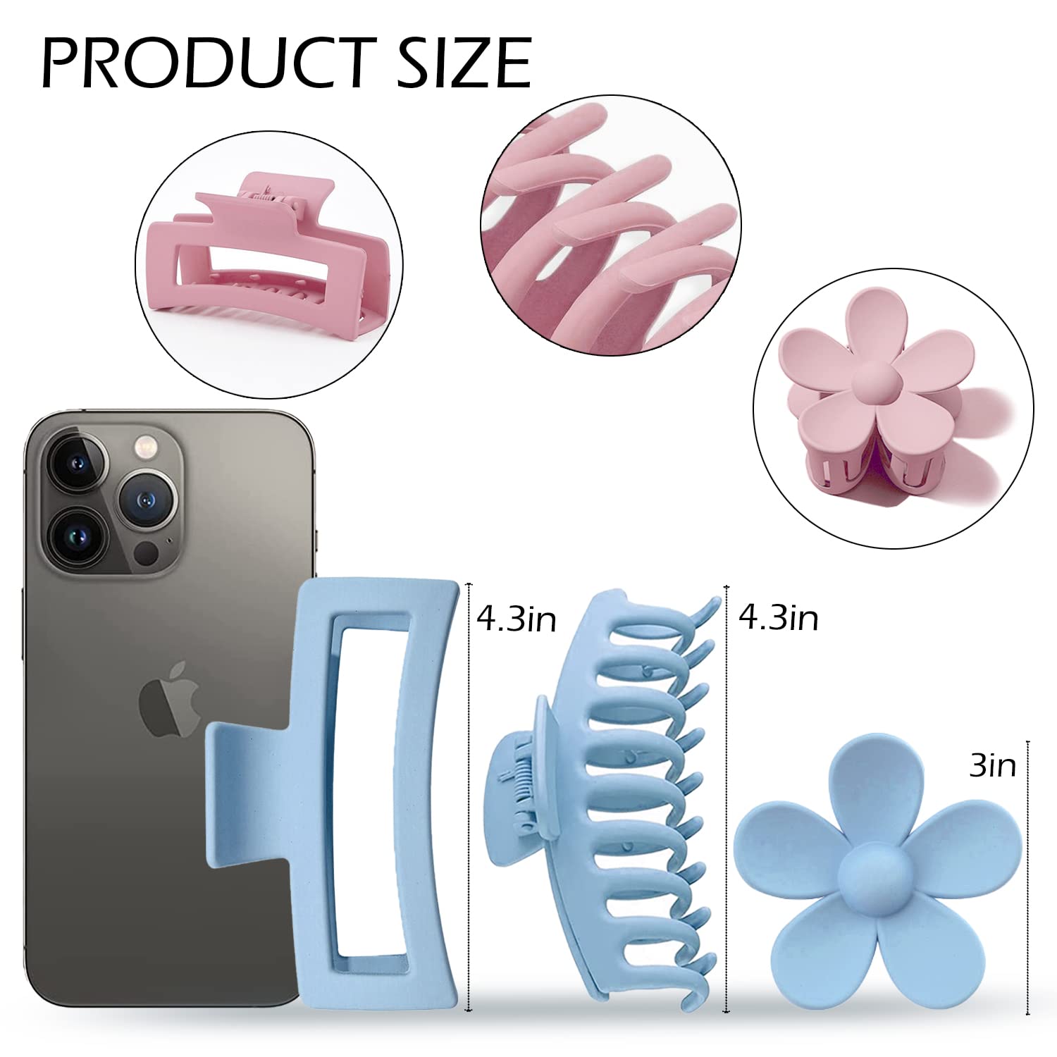 12 Pack Large Hair Claw Clips Flower Hair Clips Big Claw Clips For Thick Hair, Big Hair Clips Square Matte Strong Hold For Thin