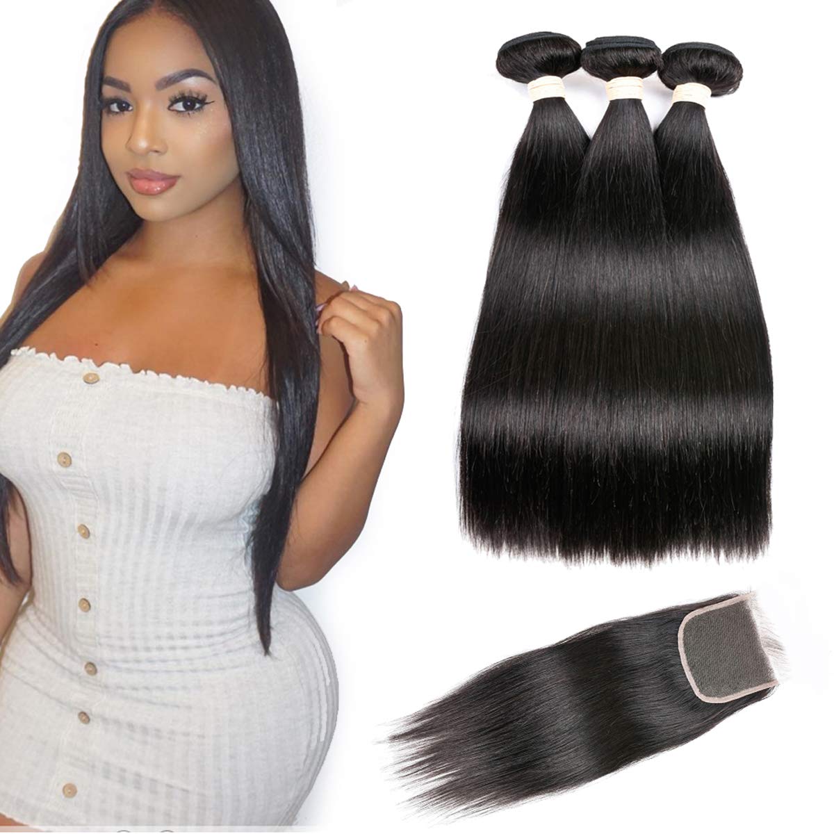 Beauhair Brazilian Virgin Human Hair 3 Bundles With (4x 4) Lace Free Part Closure Straight Wave Weft 100% Real Human Hair Extens