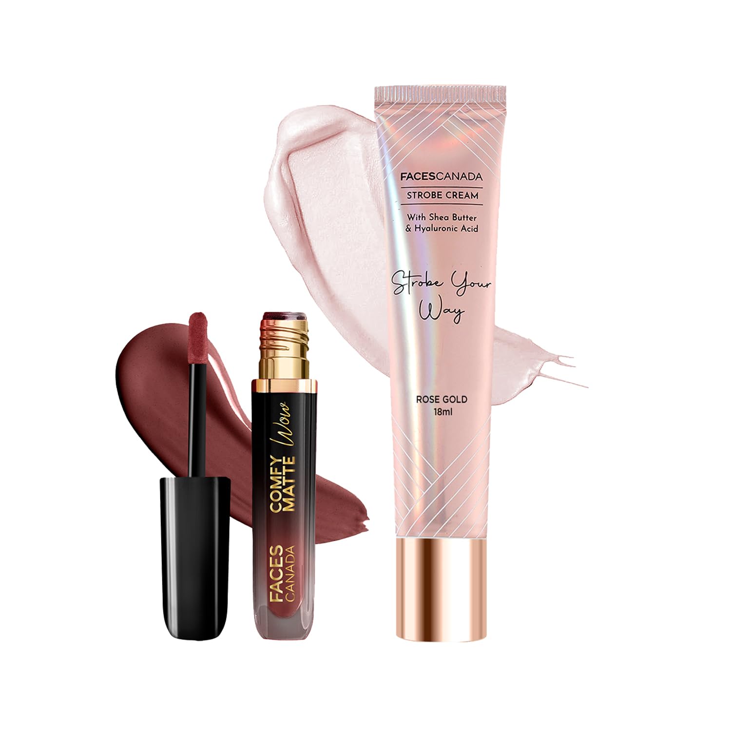 Faces Canada Comfy Matte Wow Liquid Lipstick - Cocoa Crush 07 (3.8Ml) & Rose Gold Strobe Cream (18Ml) Combo| Highly Pigmented | 