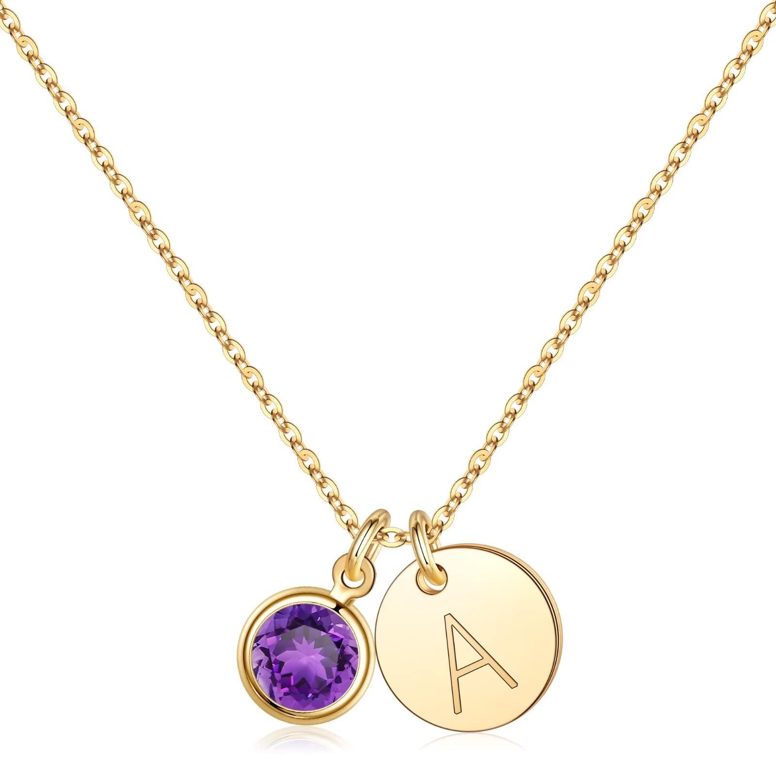 Hidepoo Valentines Day Gifts - Initial Birthstone Necklace, Disc Initial A Necklace Valentines Gifts Amethyst Birthstone Disc In