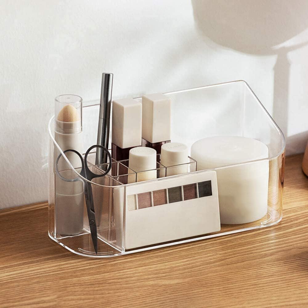 Linfidite Makeup Organizer Tray Bathroom Cabinet Cosmetic Storage Tray With 9 Compartments 2 Removable Dividers Lipgloss Organiz