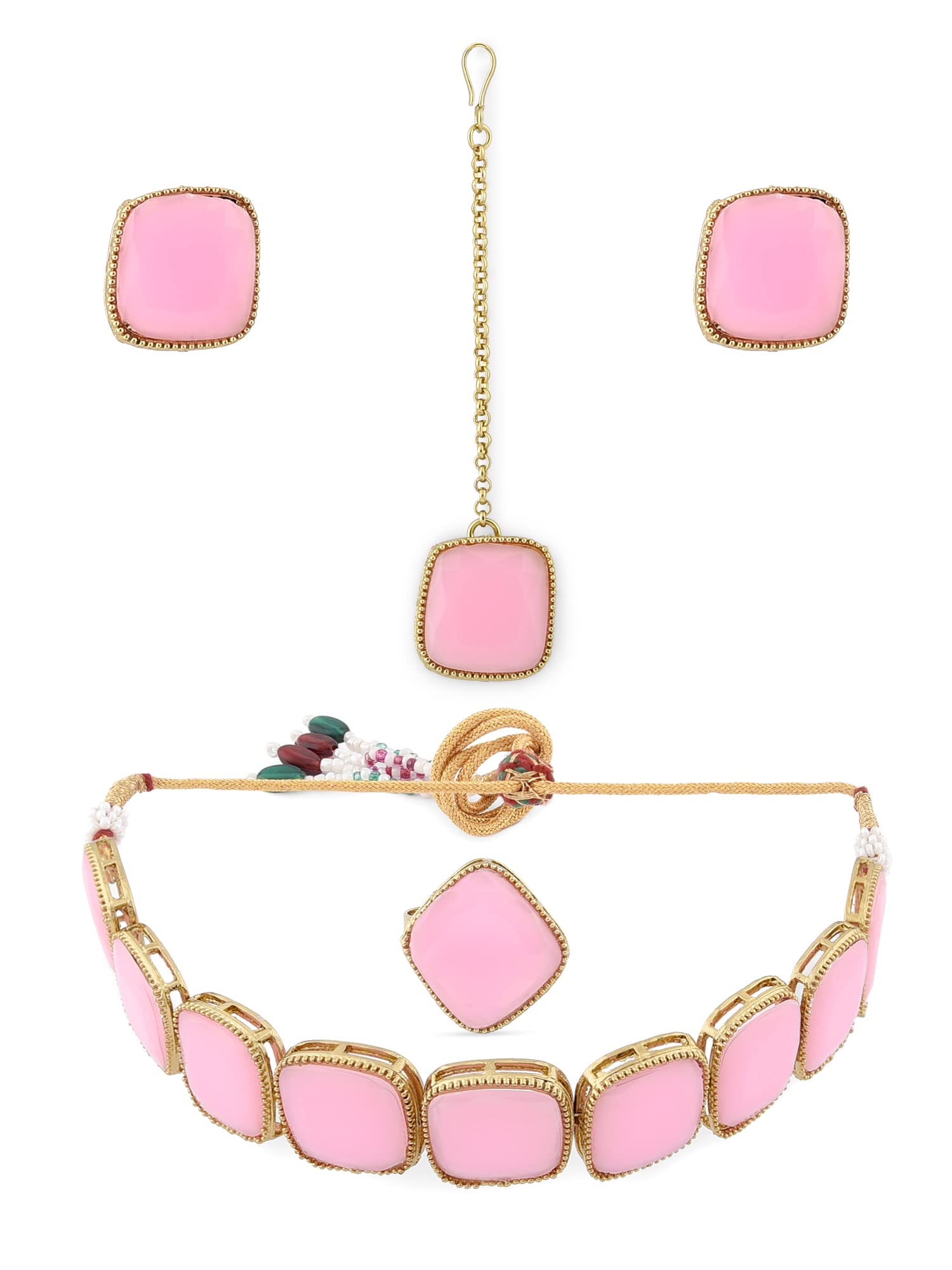 Zaveri Pearls Pink Stones Embellished Necklace Earring Maangtikka & Ring Set For WomenZpfk12183