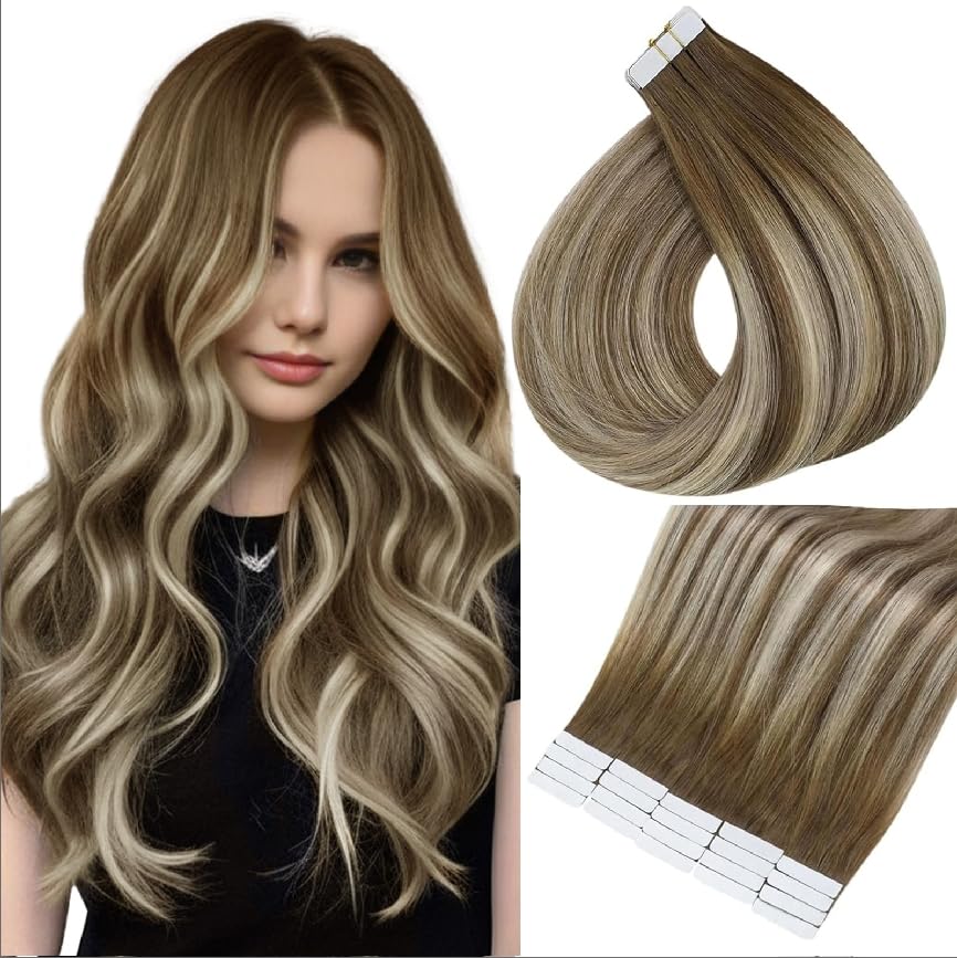 Full Shine Blonde Tape In Hair Extensions 16 Inch Tape In Extensions Real Human Hair Color 6 Fading To 6 Brown And 60 Platinum B