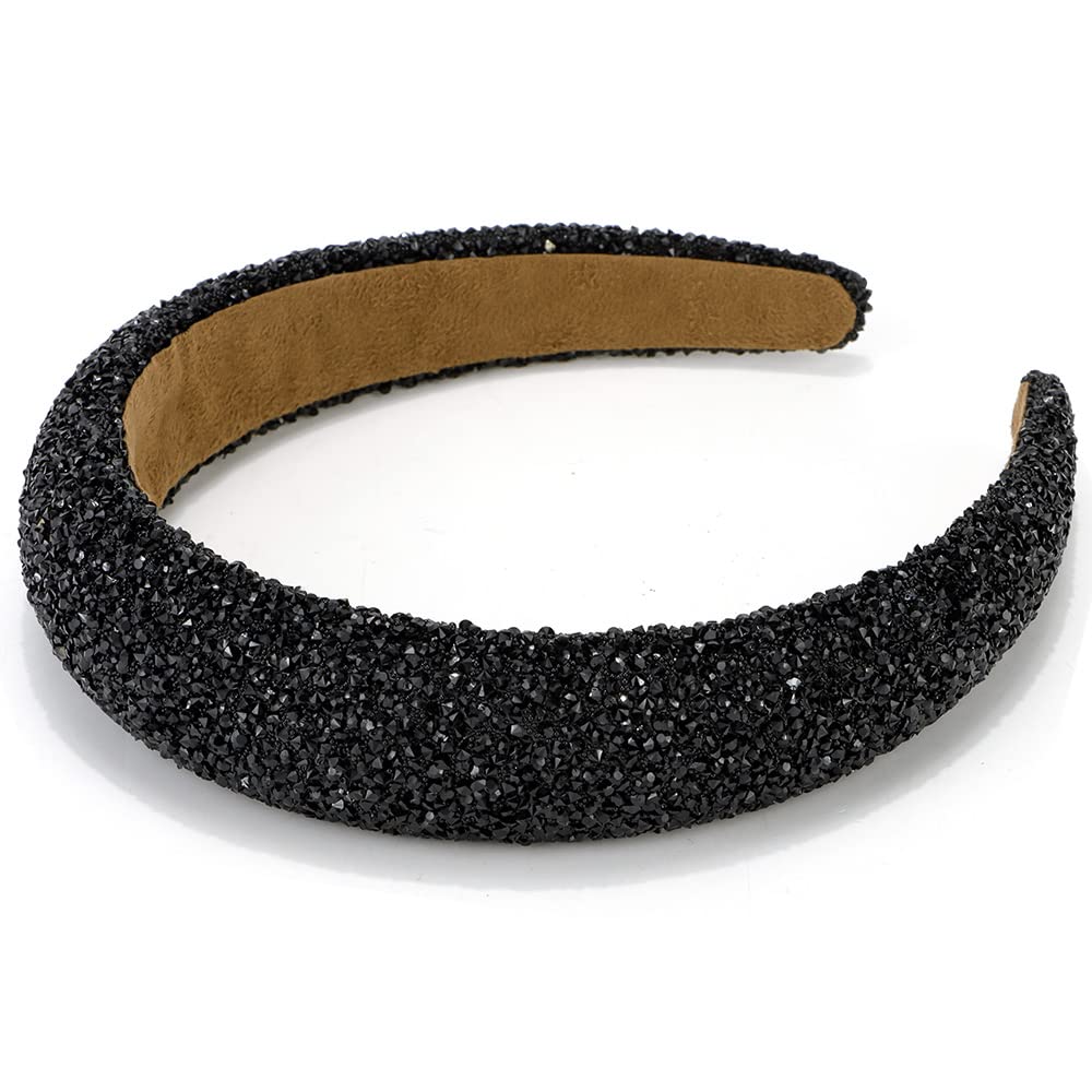 Atoden Black Rhinestone Padded Sequin Diamond Glitter Sparkle Jeweled Bling Headbands for Women's Hair