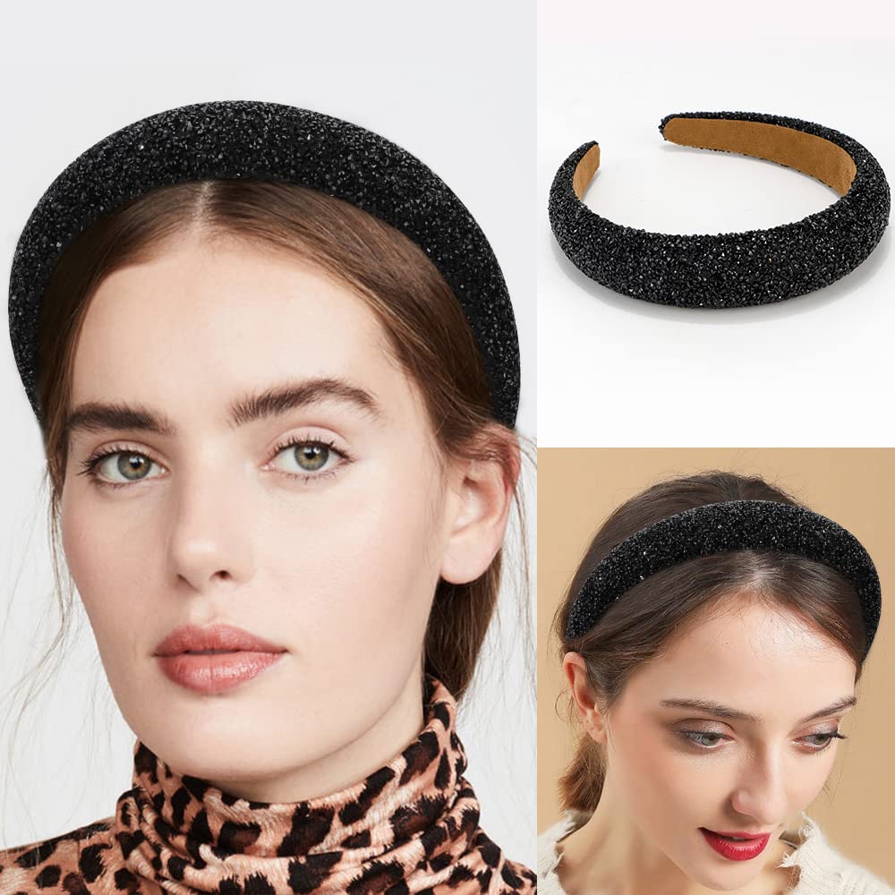 Atoden Black Rhinestone Padded Sequin Diamond Glitter Sparkle Jeweled Bling Headbands For Women'S Hair