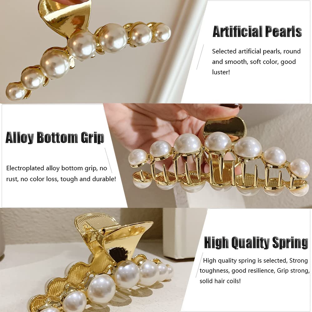 Kolonams Hair Clip, Large Pearl Gold Metal Hair Claw Clips, Nonslip Hair Accessories For Thick Long Hair, Birthday Gift For Wome