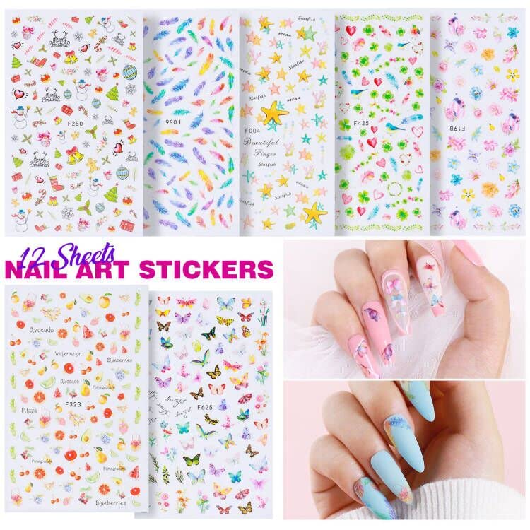 Teenitor Nail Stickers, 12 Sheets Nail Art Stickers 3D Self-Adhesive And 5 Boxes Butterfly Nail Sequins Heart Glitter Foil Flake