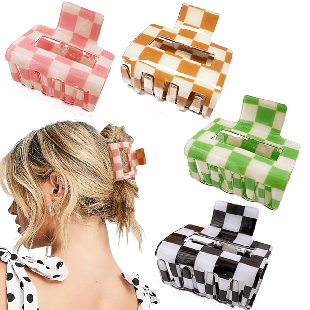 4 Pack Ahoney Checkered Y2K Claw Clips for Thin Hair - Cute 2 '' Aesthetic Barrettes, 90s Hair Accessories for Women and Y2K Top