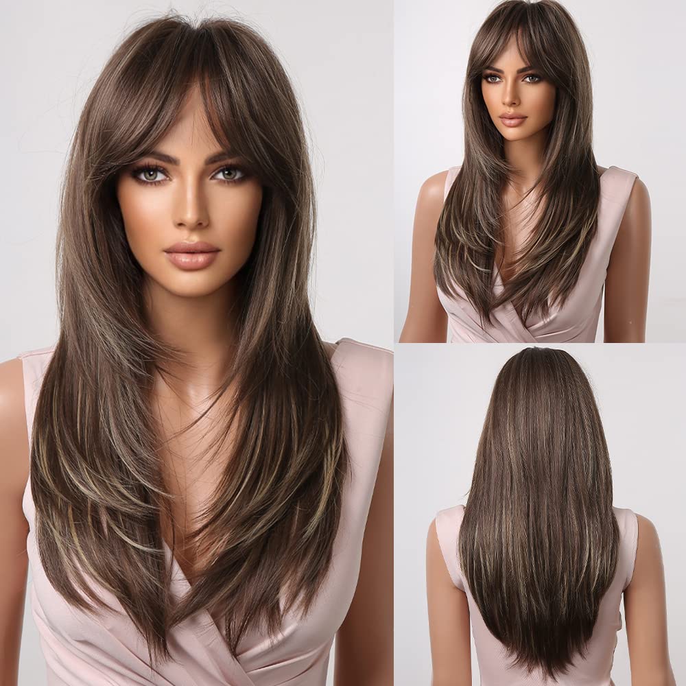 HAIRCUBE Brown Wigs for Women,Long Layered Brown with Highlight Wigs with Bangs Heat Resistant Synthetic Fibre Wigs(pelucas de c