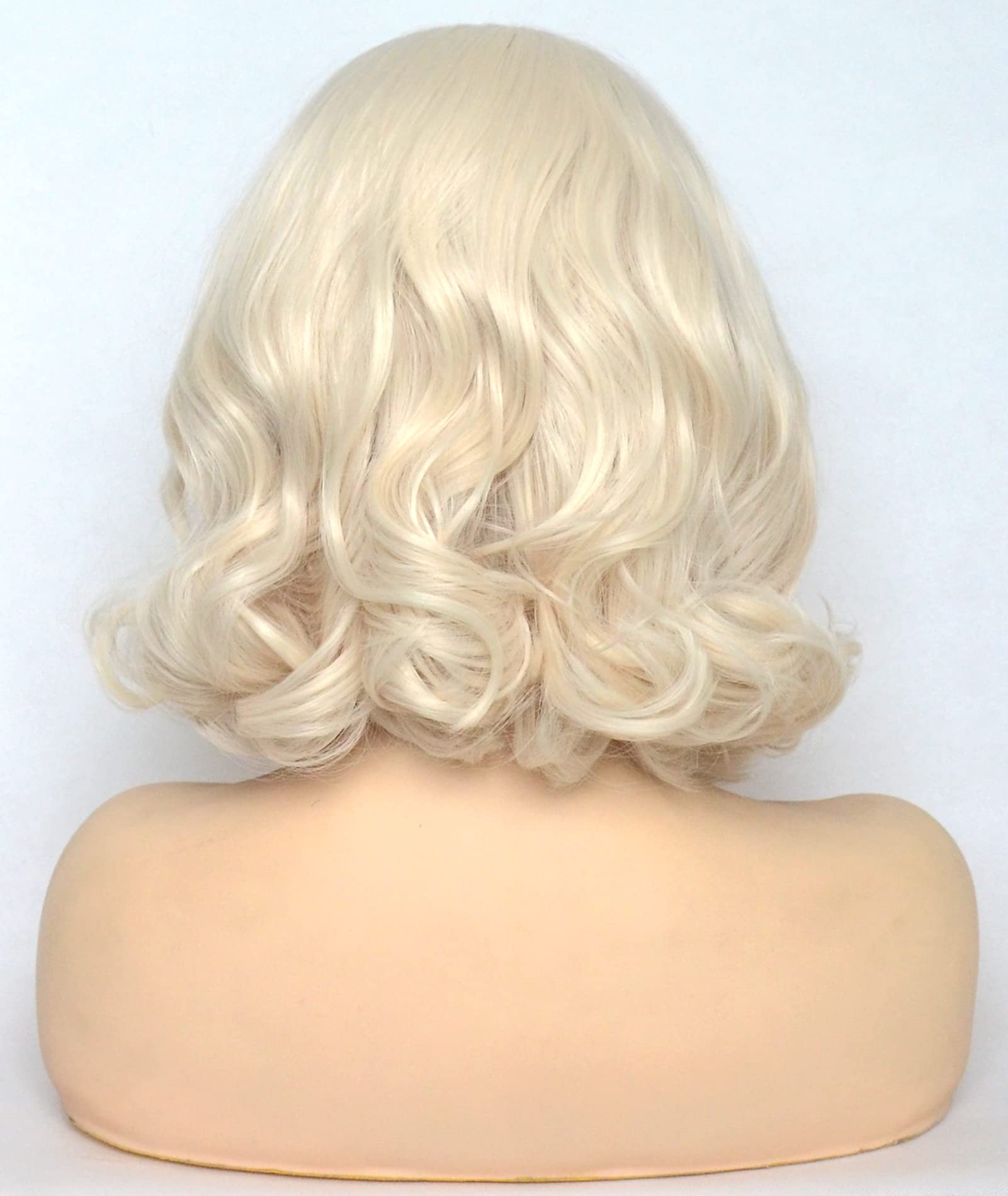 Bluple Platinum Blonde Lace Front Wig Short Bob Style White Blonde 60# Wavy Curly Synthetic Hair Side Part Half Hand Tied Replac